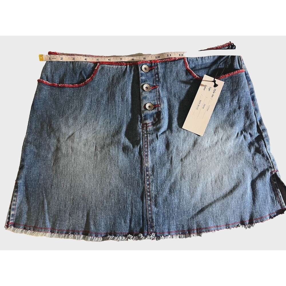 REVOLT Vtg Denim Mini Skirt Western Red Embroidered Accents Raw Hem Size 13/14